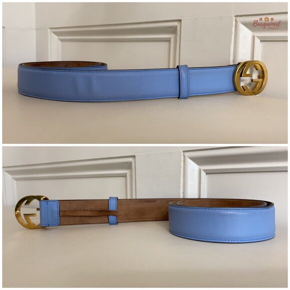 Authentic Gucci Blue Calfskin Leather Gold Interlocking G Buckle Belt 85/34 - Picture 10 of 13